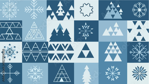A geometric pattern of snowflakes and Christmas trees in various shades of blue, arranged in a tiled grid.