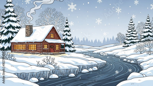 Cozy winter cabin scene with fresh snow, stream, and illuminated windows, a classic holiday retreat illustration perfect for seasonal designs