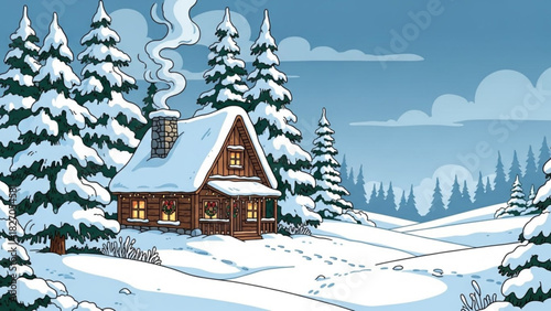 Charming snow covered cabin nestled amongst winter pines, creating a cozy holiday retreat escape, perfect for seasonal greetings and winter wonderlands