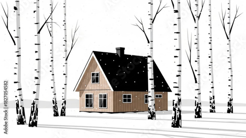 Charming winter cabin nestled in a birch forest, a peaceful snowy retreat, perfect for holiday cards, winter scenes, and cozy seasonal designs, originally a vector