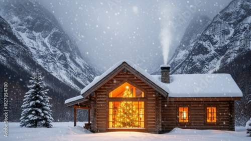 Cozy winter cabin nestled in snowy mountains, Christmas tree glowing warmly inside, perfect for holiday greetings and seasonal promotions