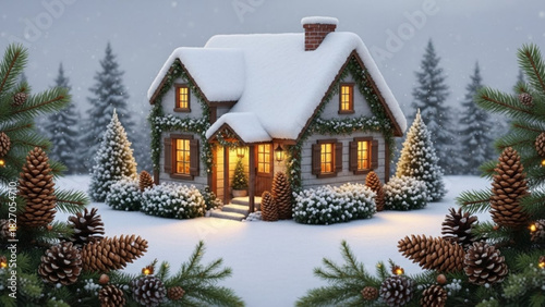Charming snow covered cottage nestled in a winter wonderland scene, perfect for holiday greetings and cozy family moments, radiating warmth and festive cheer