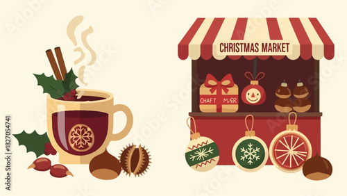 Illustration of a Christmas market stall with ornaments and a mug of mulled wine with cinnamon sticks, chestnuts, and holly.