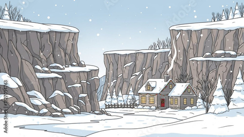 Charming winter scene with snow-covered cabin nestled between rocky cliffs, evoking a cozy and festive holiday spirit, perfect for seasonal greetings