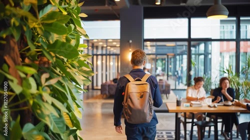A person walking through a modern space featuring a vertical garden.
