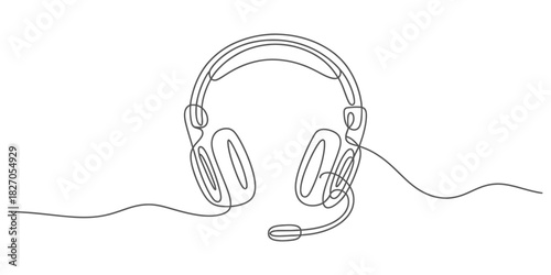 Minimalist one line drawing of headphones with microphone Vector, illustration