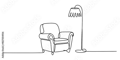 Minimalist armchair and floor lamp continuous line art Vector, illustration