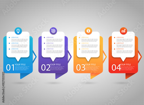 Gradient process infographic template, Data metrics and analytics infographic concept for slide presentation with box timeline table with circle header with 4 point list with flat style 