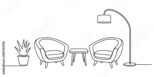 Continuous line drawing of a modern interior arrangement Vector, illustration