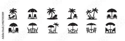 Tropical beach scene with tree chair and umbrella , beach chair logo icon silhouette, vector illustration EPS 10