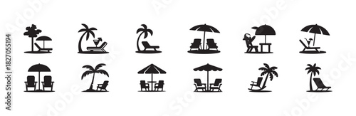Tropical beach scene with tree chair and umbrella , beach chair logo icon silhouette, vector illustration EPS 10