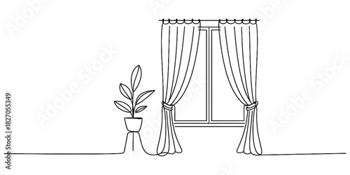 Continuous line drawing: potted plant and window Vector, illustration