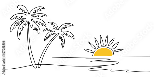 Continuous line drawing of sunset beach with palm trees Vector, illustration