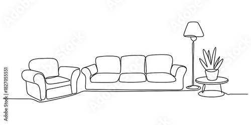 Continuous line drawing of living room furniture Vector, illustration