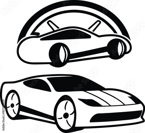 Two sports cars, one prominent, one behind arc, white