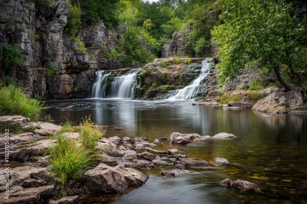 Fototapeta premium Serene Willow Falls in Hudson Wisconsin: A Summer Cascade at Willow River State Park with Selective Focus and Beautiful Background Blur