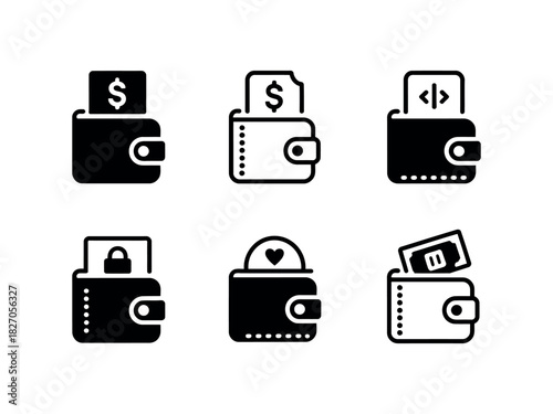 Digital and physical wallets with currency and icons are displayed in a grid.