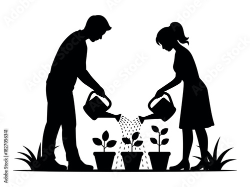 Couple waters plants in the garden, symbolizing growth and nurturing.