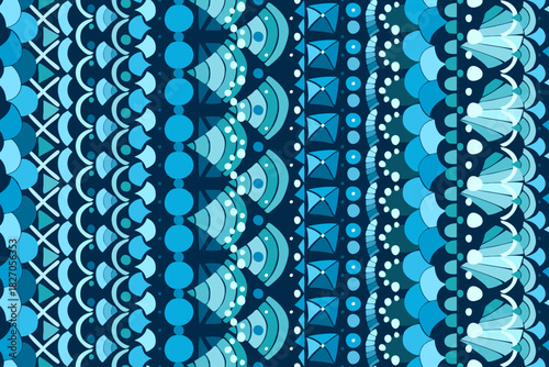 Blue ornamental seamless pattern with vertical stripes of doodle elements.