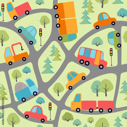 Colorful childish seamless pattern with trucks, buses and cars. Cute vector design
