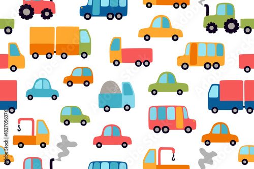 Colorful cars, trucks, buses and tractors on white background. Seamless pattern with different vehicles.