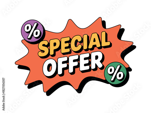 A bright, stylized graphic announces a special offer with percentages.