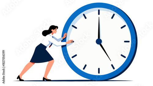 Businesswoman pushing a large clock, symbolizing time management and productivity in a business context