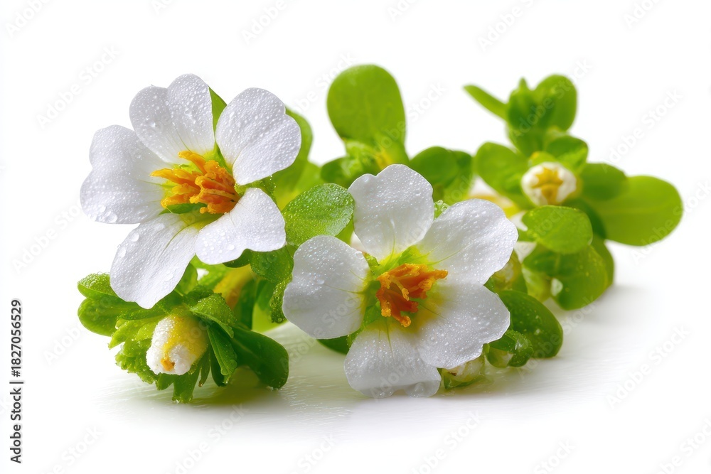 Fototapeta premium Springtime Bacopa Monnieri: Ornamental Green Flowers with White Stamens in an Outdoor Garden Setting for Alternative Medicine Lovers