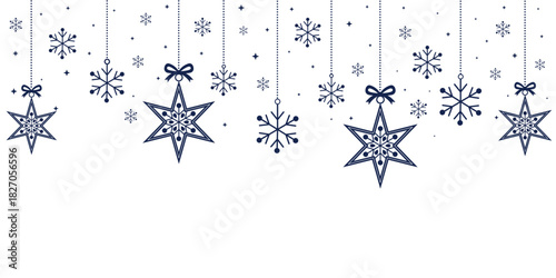 Elegant Christmas header border featuring hanging dark blue star and snowflake ornaments with bows. The festive, luxurious design is isolated on a white background.