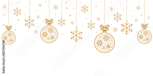 Elegant Christmas header or banner border featuring hanging golden/bronze baubles and snowflakes. The ornaments are intricately patterned with snowflakes, isolated on a white background, leaving a lar
