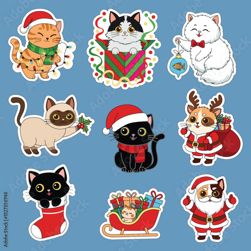 Sticker set. Cute Christmas cats. Vector illustration.