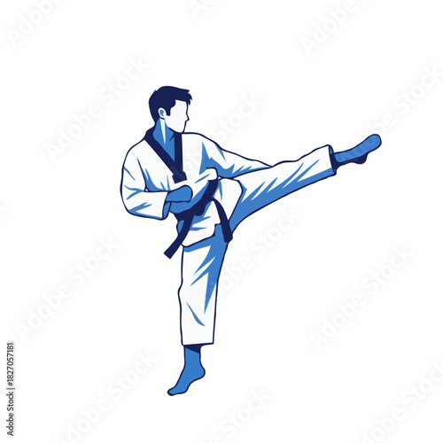 Karate Fighter Performing High Kick – Martial Arts Vector Illustration