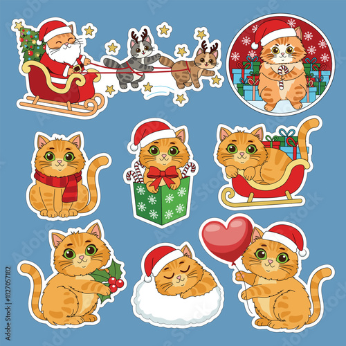 Sticker set. Cute Christmas cats. Vector illustration.