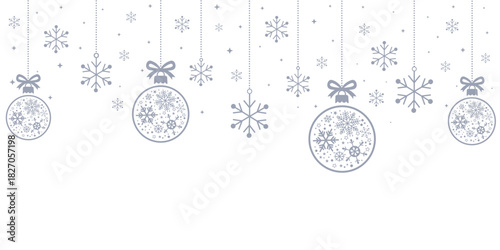 Elegant Christmas header or banner border featuring hanging blue/bronze baubles and snowflakes. The ornaments are intricately patterned with snowflakes, isolated on a white background, leaving a lar