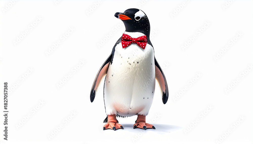 Obraz premium Adorable penguin wearing a red polka dot bow tie standing proudly on a white background, ready for a party or a formal event looking dapper and cute