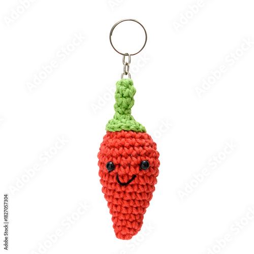 Plush keychain in the shape of a smiling pepper, made using the amigurumi technique in red and green colors on a transparent background.