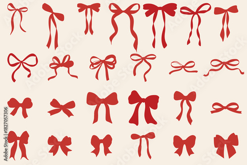 Set of red various coquette bows,  Trendy hand drawn bow, Whimsical style. vector illustration. 