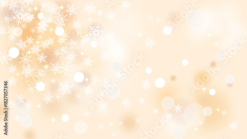 Soft Champagne Gold Christmas Background with White Snowflakes and Glowing Bokeh - Elegant Abstract Winter Illustration with Copy Space