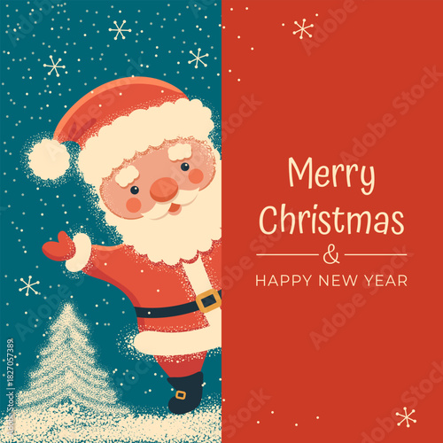 A cheerful, cute Santa Claus peeks out from behind a banner and waves. Merry Christmas and Happy New Year. Greeting card, social media post. Retro colors and textured effect. Vector illustration.