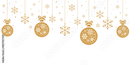 Elegant Christmas header or banner border featuring hanging golden/bronze baubles and snowflakes. The ornaments are intricately patterned with snowflakes, isolated on a white background, leaving a lar
