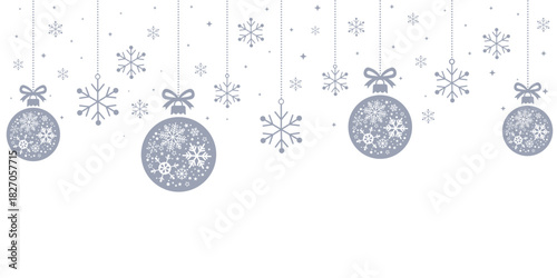 Elegant Christmas header or banner border featuring hanging blue/bronze baubles and snowflakes. The ornaments are intricately patterned with snowflakes, isolated on a white background, leaving a lar