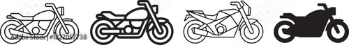 Various motorcycle icons vector collection featuring classic cruiser, modern sport bike, outline, thick line, geometric, and solid silhouette styles Vector