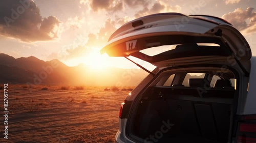 A white car is parked in the desert with the sun setting behind it. The car is open and the trunk is down