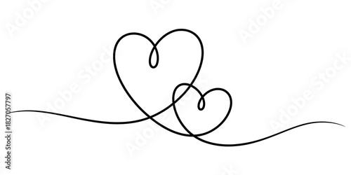 Single continuous line drawing forming two interconnected hearts, symbolizing deep love, unity, and an unbreakable bond, on a pristine background. Vector, illustration