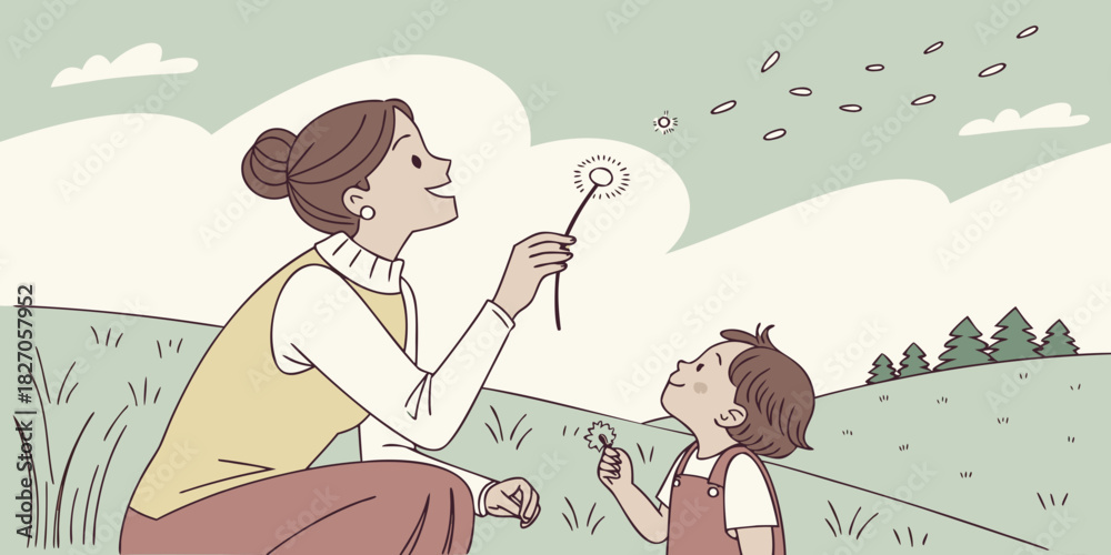 Obraz premium Mother and child blowing dandelions with pastel breeze