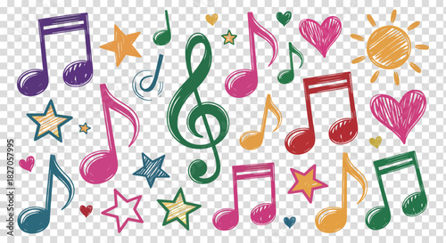 Fotografia Musical notes with stars hearts sun and clef illustration
