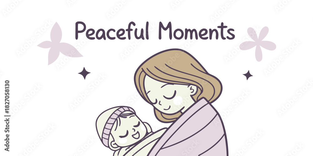Obraz premium Peaceful Moments – Minimalist Line Art of Mom and Baby Wrapped in Blanket in Heartwarming Family Scene