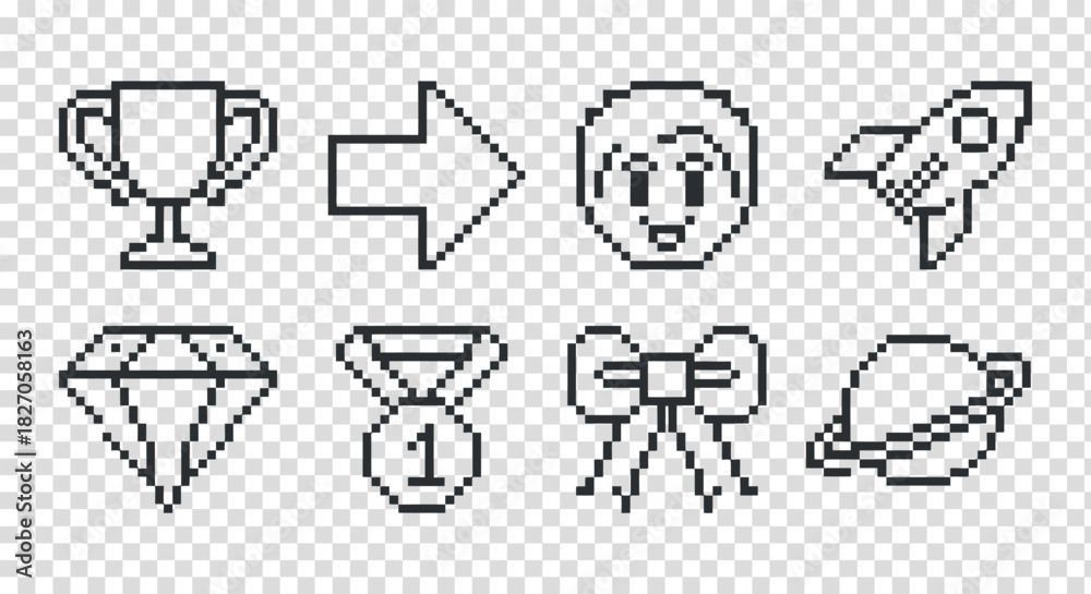 Fototapeta premium Outlines of pixel art game assets on transparent background