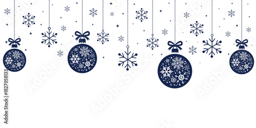 Elegant Christmas header or banner border featuring hanging dark blue/bronze baubles and snowflakes. The ornaments are intricately patterned with snowflakes.