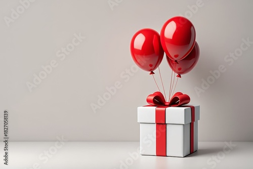 Gift Box with Red Ribbon and Balloons - Celebration Concept